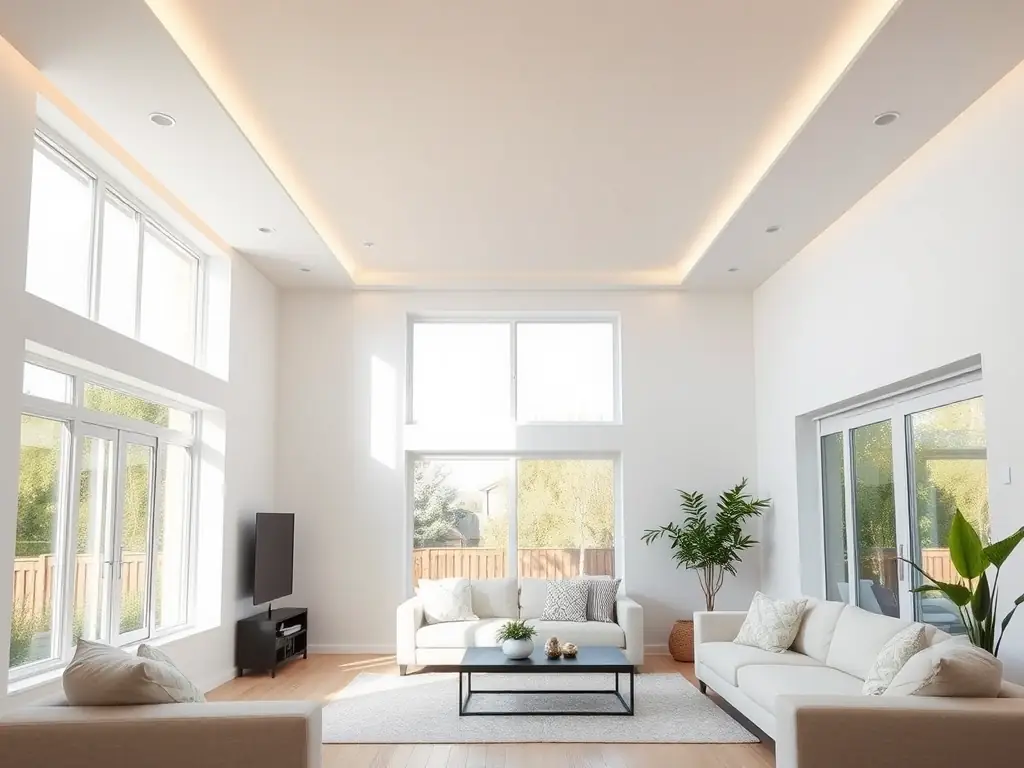 A modern family house with newly installed recessed lighting in the living room, showcasing a clean and energy-efficient residential electrical upgrade.