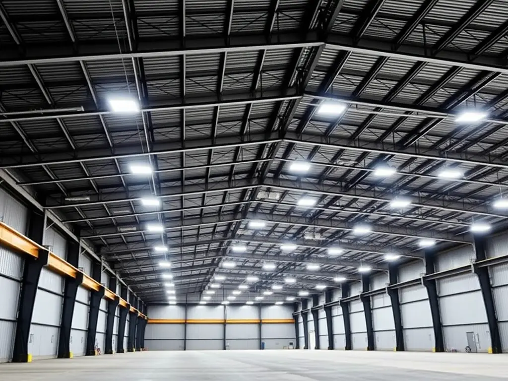 A large industrial warehouse with newly installed and energy-efficient LED lighting, highlighting the scale and precision of BeLeR Electrical's industrial projects.