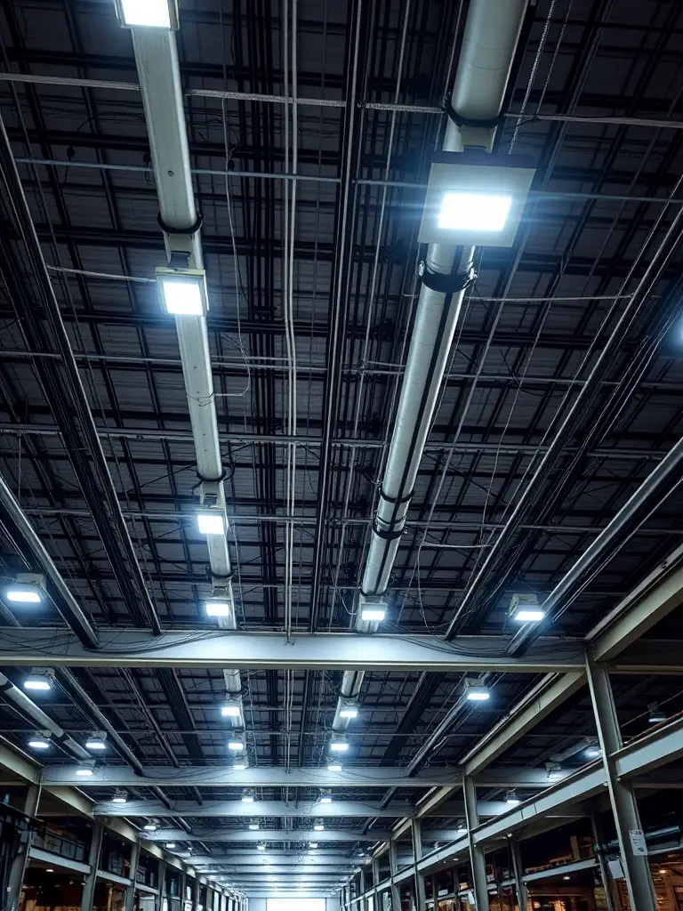 An image of a completed industrial electrical project, highlighting the complex wiring and lighting systems installed by BeLeR Electrical in a large warehouse.