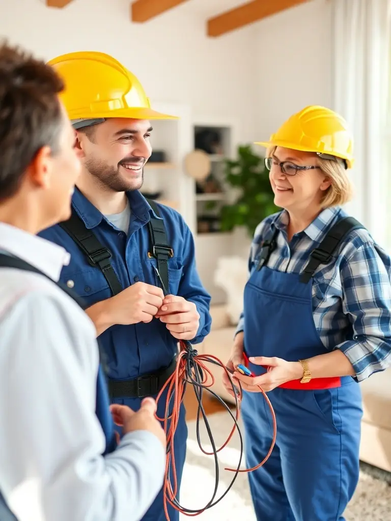 A friendly electrician interacting with a satisfied homeowner, emphasizing the company's commitment to customer service and clear communication.