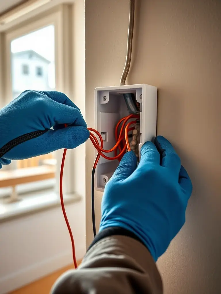 A close-up shot of an electrician's hands expertly connecting wires in a residential setting, showcasing precision and attention to detail.